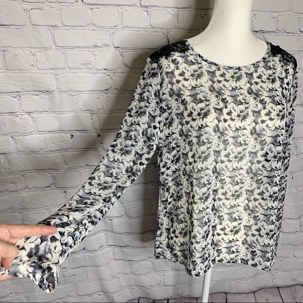 Lumiere Black and white floral semi-sheer lace shoulder long sleeve top - Picture 2 of 11
